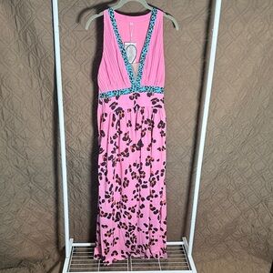 Pink Leopard Print Maxi Dress with Teal Trim